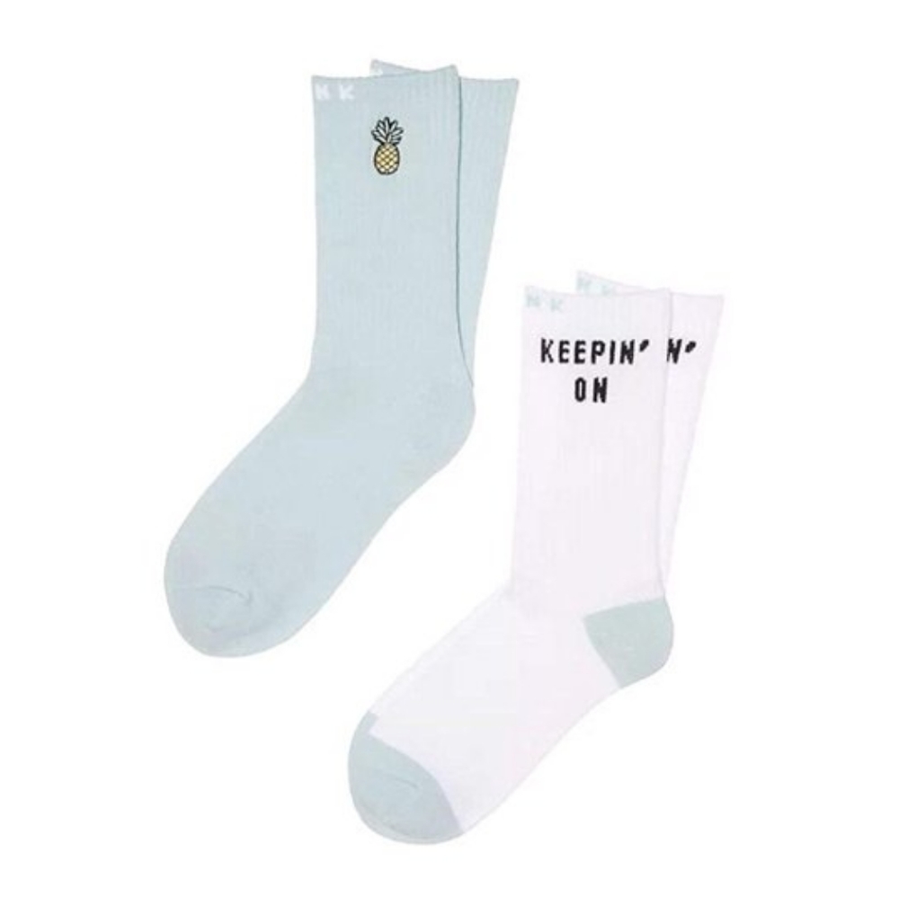 NEW Victoria's Secret PINK Crew Socks 2 Pairs OS Pineapple Light Blue/White